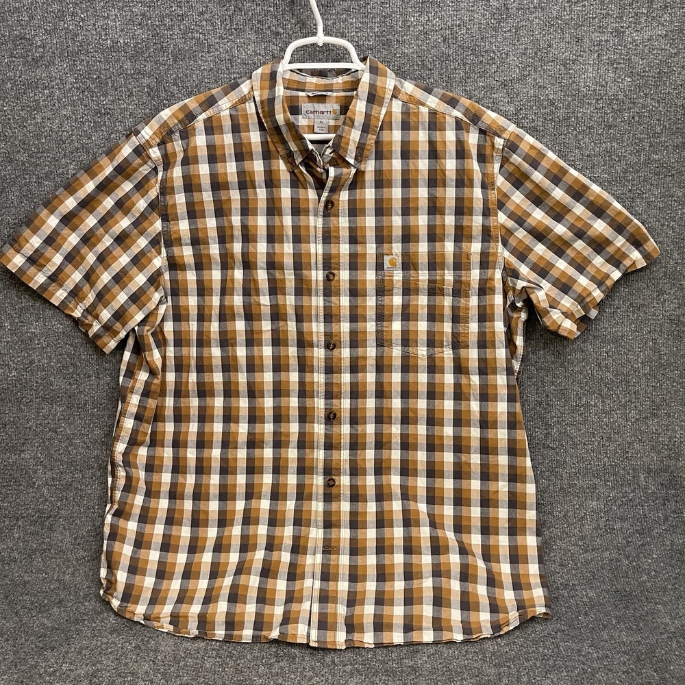 Carhartt Relaxed Fit Shirt Men's Sz XL Brown Plaid Button Up Short Sleeve